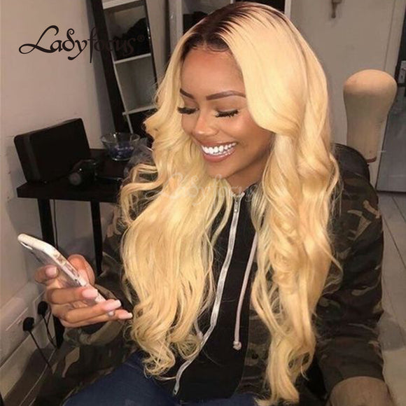 13x6 Natural Body Wave 613 Frontal Human Hair Wigs 1B/613 Blonde With Dark Roots Lace Wig
