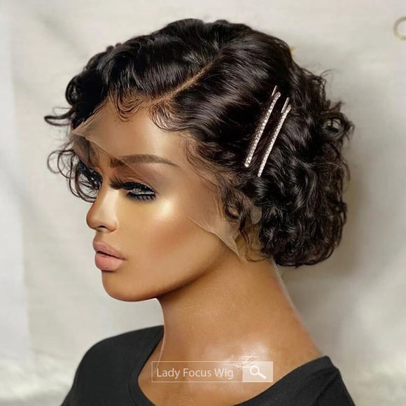 Pixie Cut 13x4 Transparent Lace Front Wig Curly Short Human Hair Wigs