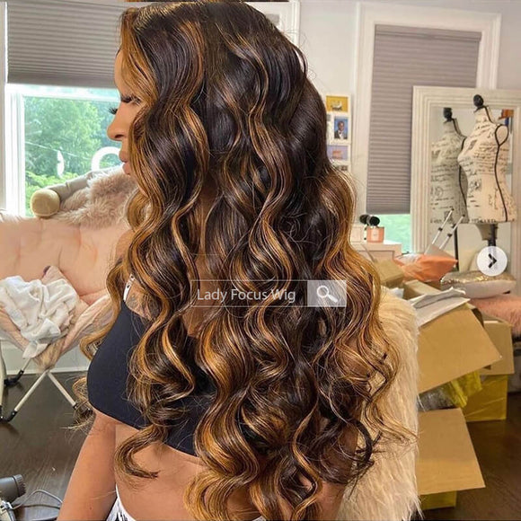 Highlights Chocolate Brown 13x6 Straight Lace Frontal Human Hair Wig 1B/30 Curly Wig