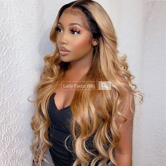 T1B/27 13x6 Frontal Human Hair Wigs Ombre Honey Blonde Two Tone Lace Wig