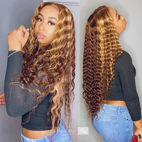 Highlights Honey Blonde 13x4 Curly Lace Front Human Hair Wig 3/27 Straight
